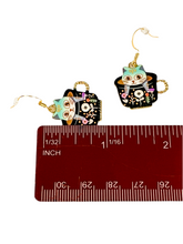 Load image into Gallery viewer, Teal Cat in Black Flower Cup Dangle Earrings