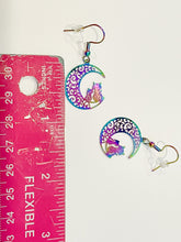 Load image into Gallery viewer, Iridescent Rainbow Cats on the Moon Dangle Earrings
