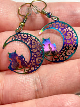 Load image into Gallery viewer, Iridescent Rainbow Cats on the Moon Dangle Earrings