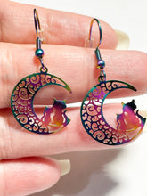 Load image into Gallery viewer, Iridescent Rainbow Cats on the Moon Dangle Earrings