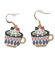 Load image into Gallery viewer, Calico Cat in Blue Teacup Dangle Earrings