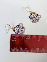 Load image into Gallery viewer, Calico Cat in Blue Teacup Dangle Earrings