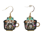 Load image into Gallery viewer, Teal Cat in Black Flower Cup Dangle Earrings