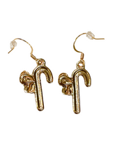 Load image into Gallery viewer, White & Red Candy Cane w/Gold Ribbon Earrings