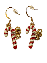 Load image into Gallery viewer, White & Red Candy Cane w/Gold Ribbon Earrings