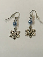 Load image into Gallery viewer, Silver Snowflake Charm Earrings w/ Pearl