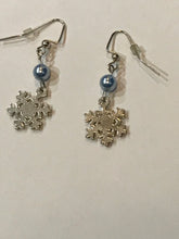 Load image into Gallery viewer, Silver Snowflake Charm Earrings w/ Pearl