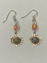 Load image into Gallery viewer, Sunflower Silver Charm Earrings w/ Sunset Fire-Polished Beads