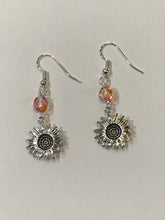 Load image into Gallery viewer, Sunflower Silver Charm Earrings w/ Sunset Fire-Polished Beads