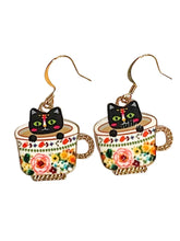 Load image into Gallery viewer, Black Cat in Flower Cup Dangle Earrings