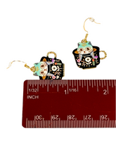 Load image into Gallery viewer, Teal Cat in Black Flower Cup Dangle Earrings
