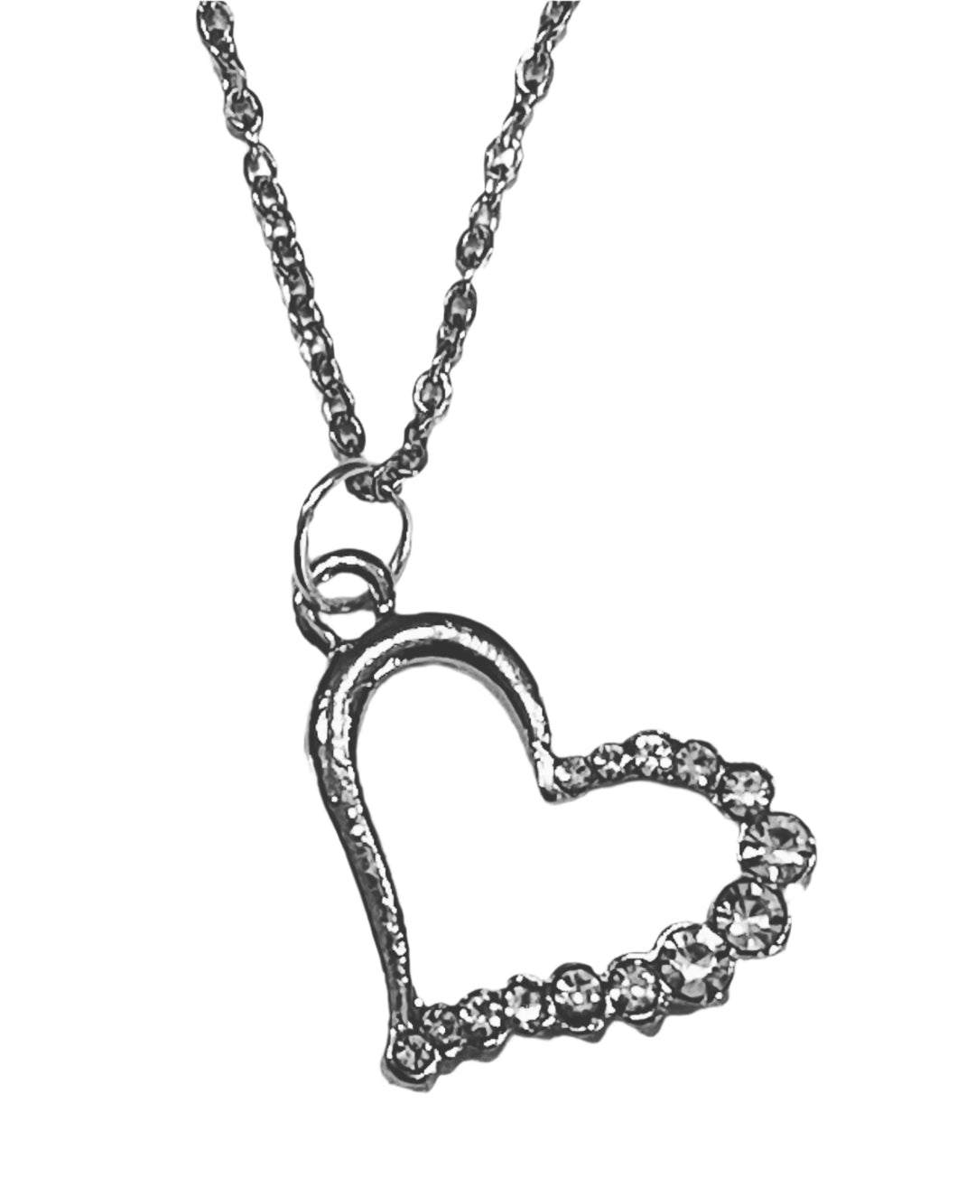 20” Silver Heart Rhinestone Charm Necklace