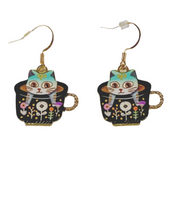 Load image into Gallery viewer, Teal Cat in Black Flower Cup Dangle Earrings
