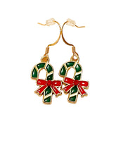 Load image into Gallery viewer, Green &amp; Red Candy Cane w/ Red Ribbon Earrings
